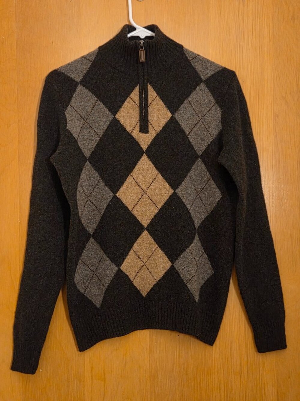 Y2K J Crew Pullover 1/4 Zip Argyle Mock Neck Sweater 100% Lambswool Mens S Brown